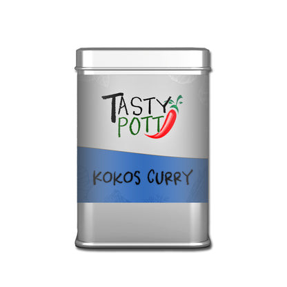 Frontalansicht der silbernen Tasty Pott Gewürzdose mit blauem Etikett und Aufschrift Kokos Curry auf weißem Hintergrund.