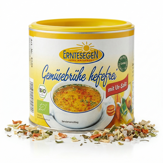 Erntesegen Bio Gemüsebrühe Hefefrei, würzige Kochen-Sauce in zwei 220g Dosen für die Zubereitung von Gerichten.