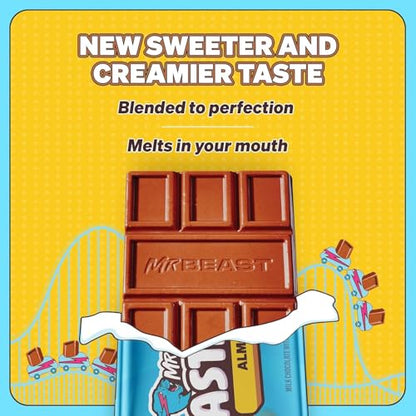 Feastables MrBeast Almond Schokoladenriegel vor buntem Hintergrund mit dem Schriftzug „New Sweeter and Creamier Taste“