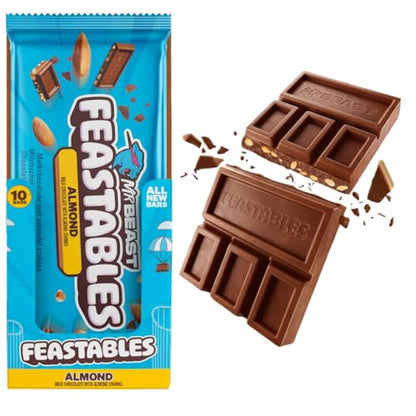 Feastables MrBeast Almond Schokoladenriegel mit Verpackung und aufgebrochener Milchschokolade mit sichtbaren Mandelstückchen