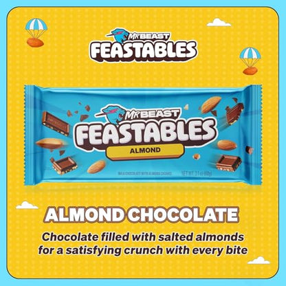 Feastables MrBeast Almond Schokolade vor buntem Hintergrund mit Feastables Logo und Schriftzug „Almond Chocolate“