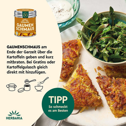 Kartoffelrösti in Dreiecken auf einem Teller mit grünem Salat, daneben Herbaria Gaumenschmaus Bratkartoffel-Gewürz und Anwendungstipp.