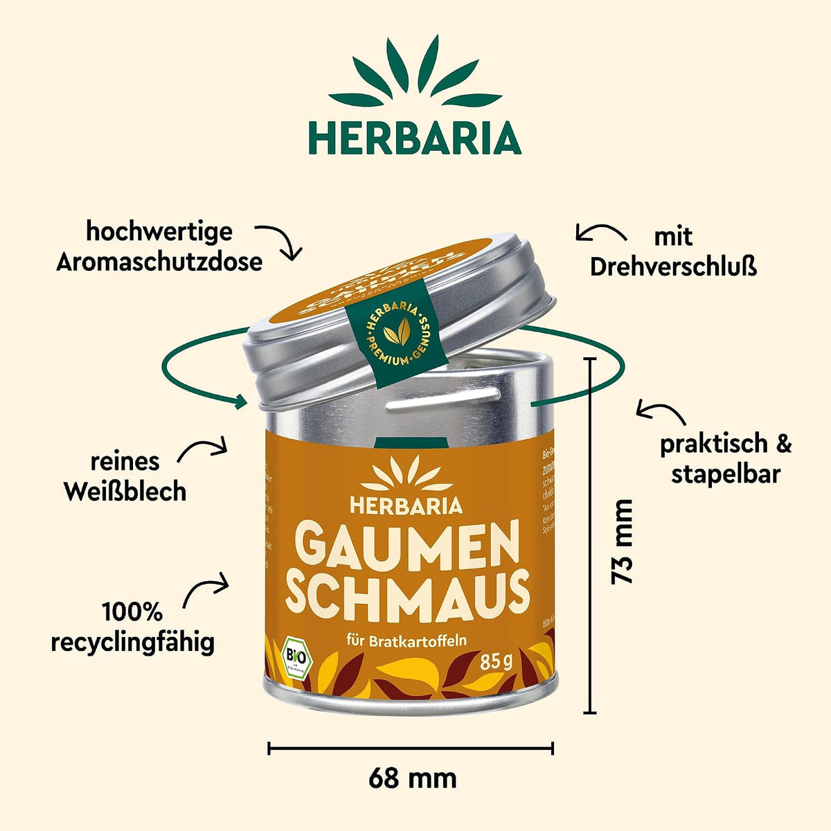 Herbaria Gaumenschmaus Gewürz in Aromaschutzdose mit geöffnetem Deckel, daneben Maße und Hinweise zur Verpackung.