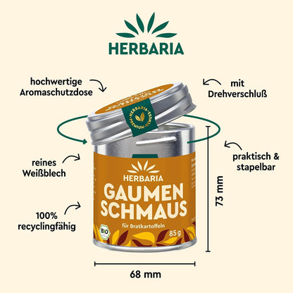 Herbaria Gaumenschmaus Gewürz in Aromaschutzdose mit geöffnetem Deckel, daneben Maße und Hinweise zur Verpackung.