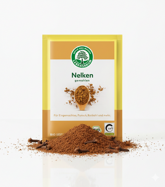 Gemahlene Bio Nelken von Lebensbaum, ideal zum Kochen, in einer 10g Packung, zeigt die Gewürznelken in einer Schale