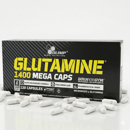 Olimp Glutamine Mega Caps, 120 Kapseln, mit BCAA und L-Glutamin, für Muskelregeneration und Fitness.