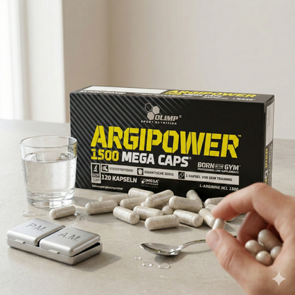 Olimp ARGIPOWER™ 1500 MEGA KAPS® Amino-Kapseln in einer offenen Packung mit Kapseln auf weißem Hintergrund