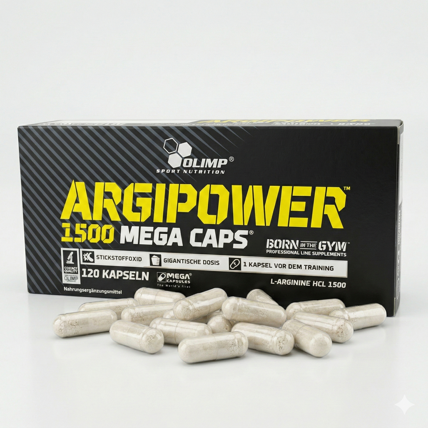 Olimp ARGIPOWER™ 1500 MEGA CAPS® Amino Kapseln und Tabletten, Nahaufnahme der Verpackung und Kapseln in einer Schale