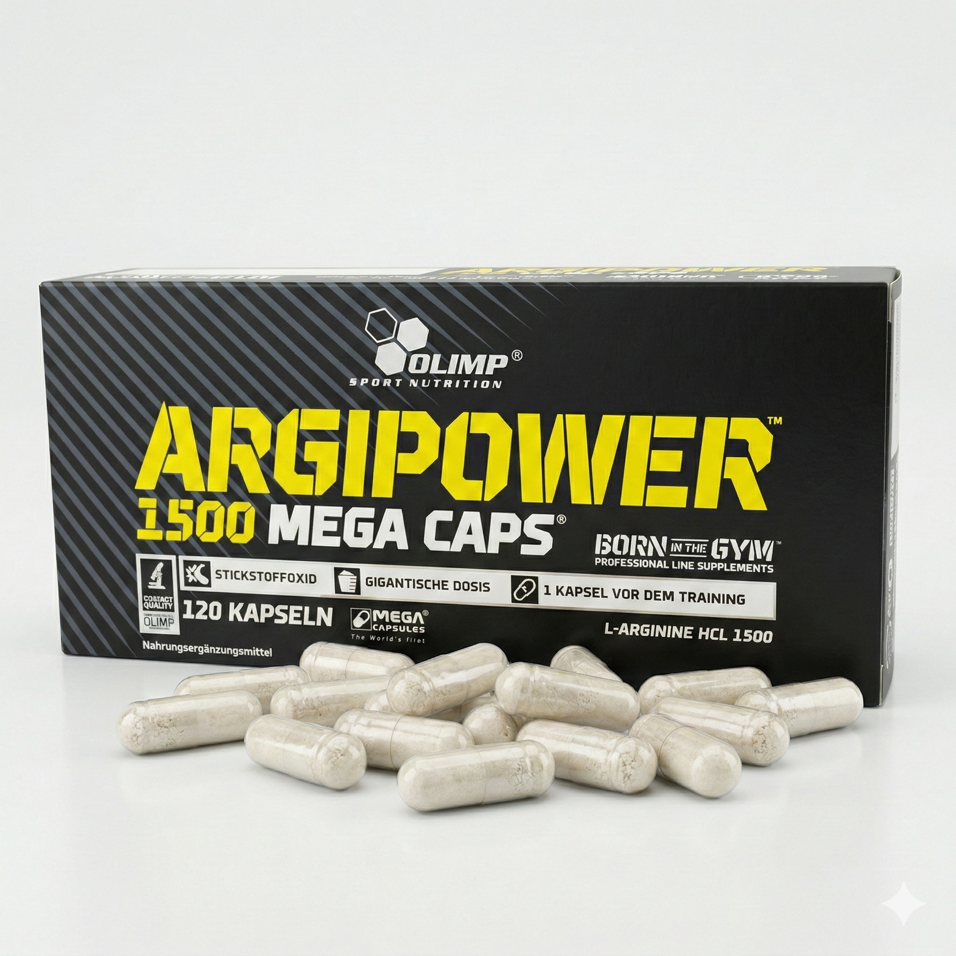 Olimp ARGIPOWER™ 1500 MEGA CAPS® Amino Kapseln und Tabletten, Nahaufnahme der Verpackung und Kapseln in einer Schale
