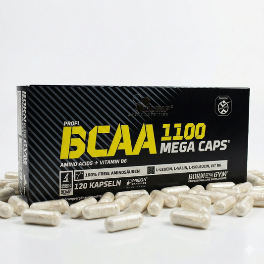 Olimp BCAA Mega Caps, 120 Kapseln: Nahaufnahme der gelben BCAA-Kapseln in einer Dose, für Muskelaufbau und Regeneration.