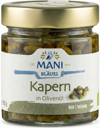 Bio-Kapern in Olivenöl von Mani Mani, 2x180g, ideal zum Kochen, sichtbar in der Dose mit Kapern und Olivenöl.