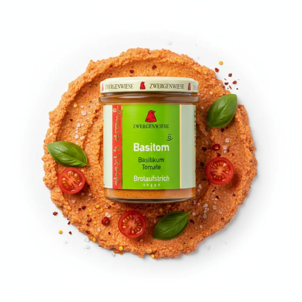 Zwergenwiese Bio Aufstrich streichs drauf Basitom (Basilikum-Tomate) laktosefrei, 160 g - fit and life shop