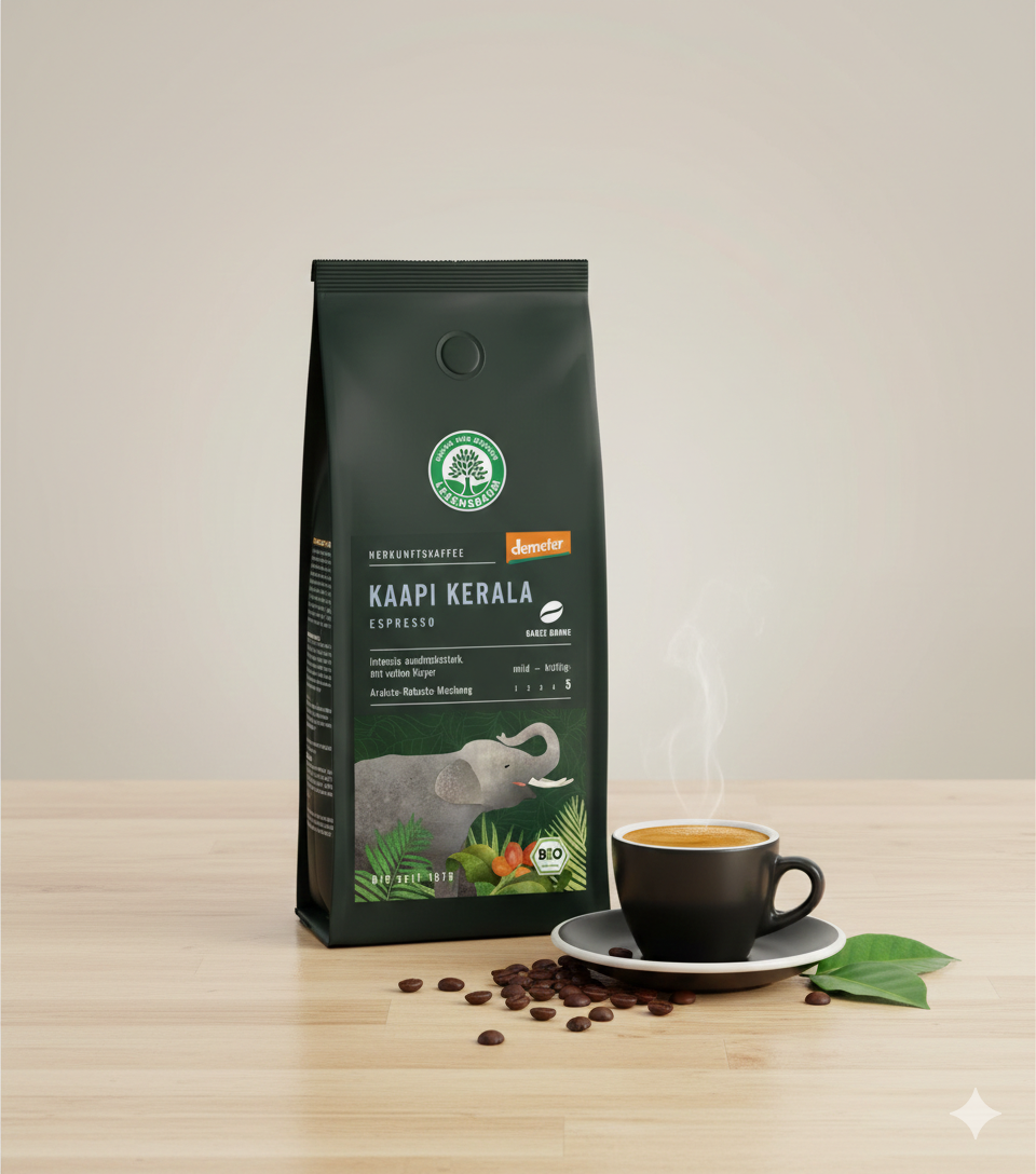 Lebensbaum Bio Espresso Kaapi Kerala Frühstück, dunkel geröstete Bohnen, Demeter-Qualität, 3 x 250g packung, frisch und aromatisch