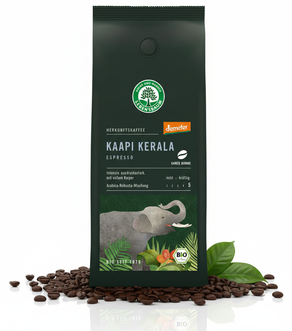 Lebensbaum Bio Espresso Kaapi Kerala, Demeter, 3x250g, im Frühstücksbecher mit frisch gemahlenen Kaffeebohnen