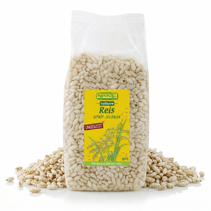 Bio Vollkornreis gepufft von Rapunzel, grobe, luftige Reiskörner für gesunde Mahlzeiten, ab 100g.