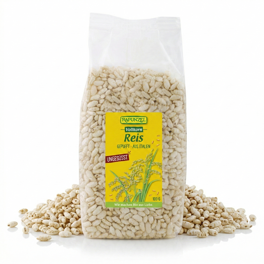 Bio Vollkornreis gepufft von Rapunzel, grobe, luftige Reiskörner für gesunde Mahlzeiten, ab 100g.