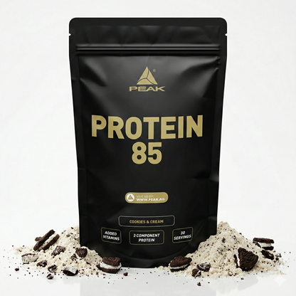 Muskelaufbau-Protein von Peak, Peak Protein 85 Plus, in verschiedenen Geschmacksrichtungen, 900g, cremige Konsistenz, sportliche Verpackung