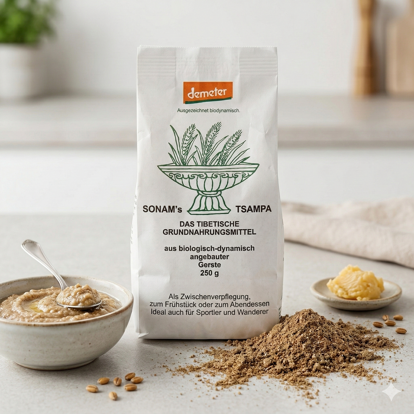 Demeter Sonam's Tsampa Gersteung von ErdmannHAUSER, 250 g, zum Kochen, zeigt geröstetes Gerstenmehl in einer Schüssel.