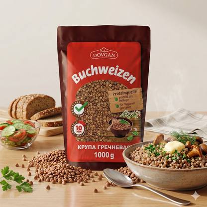 Dovgan Buchweizen in 1kg-Packung, ideal zum Kochen, zeigt die trockenen, braunen Buchweizenkörner auf einem weißen Hintergrund