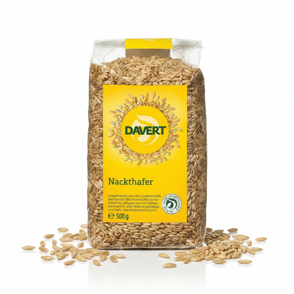 Bio Nackthafer von Davert in 500 g Packung, Kochzutat mit Haferflocken für gesunde Mahlzeiten, sichtbar in der Verpackung