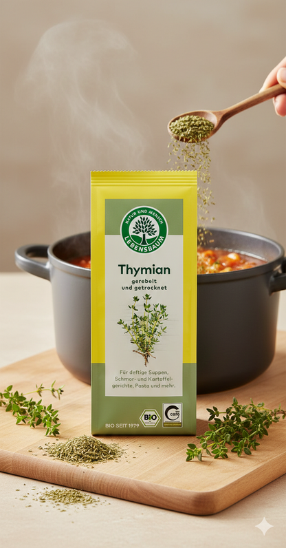 Lebensbaum Bio Thymian gerebelt, 20g, Gewürz für die Küche, frischer getrockneter Thymian in Gewürzglas