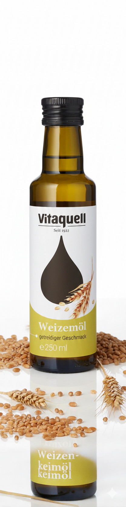 Kaltgepresstes Weizenkeim-Öl von Vitaquell in 250 ml Flasche, ideal zum Backen, zeigt die goldene Flüssigkeit in der Flasche