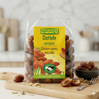 Getrocknete Bio-Datteln ohne Stein von Rapunzel, Deglet Nour, in einer 500g-Packung, ideal zum Kochen und Naschen.