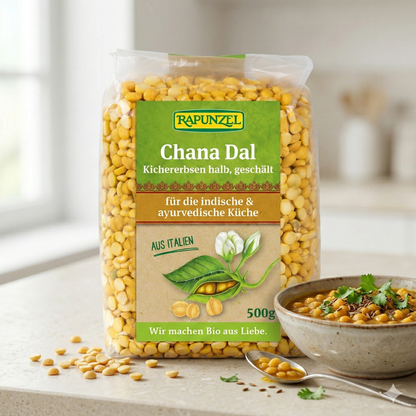 Rapunzel Bio Chana Dal, geschälte Kichererbsen, halb, zum Kochen, in 500g Packung, frisch und hochwertig.