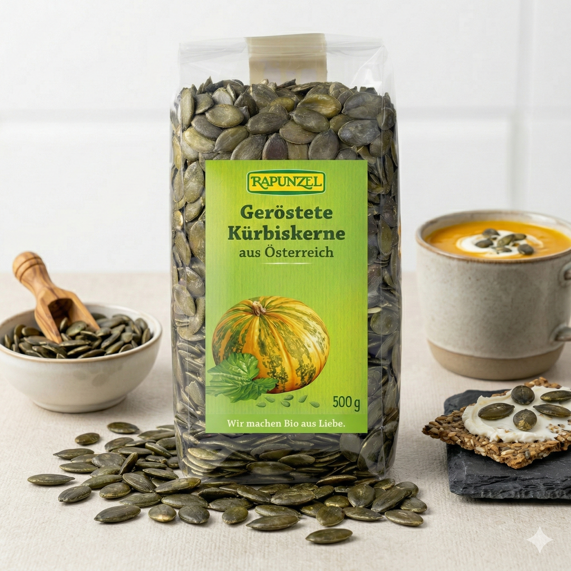 Geröstete Bio-Kürbiskerne von Rapunzel, 500g, ideal zum Kochen und Backen, in einer offenen Packung sichtbar