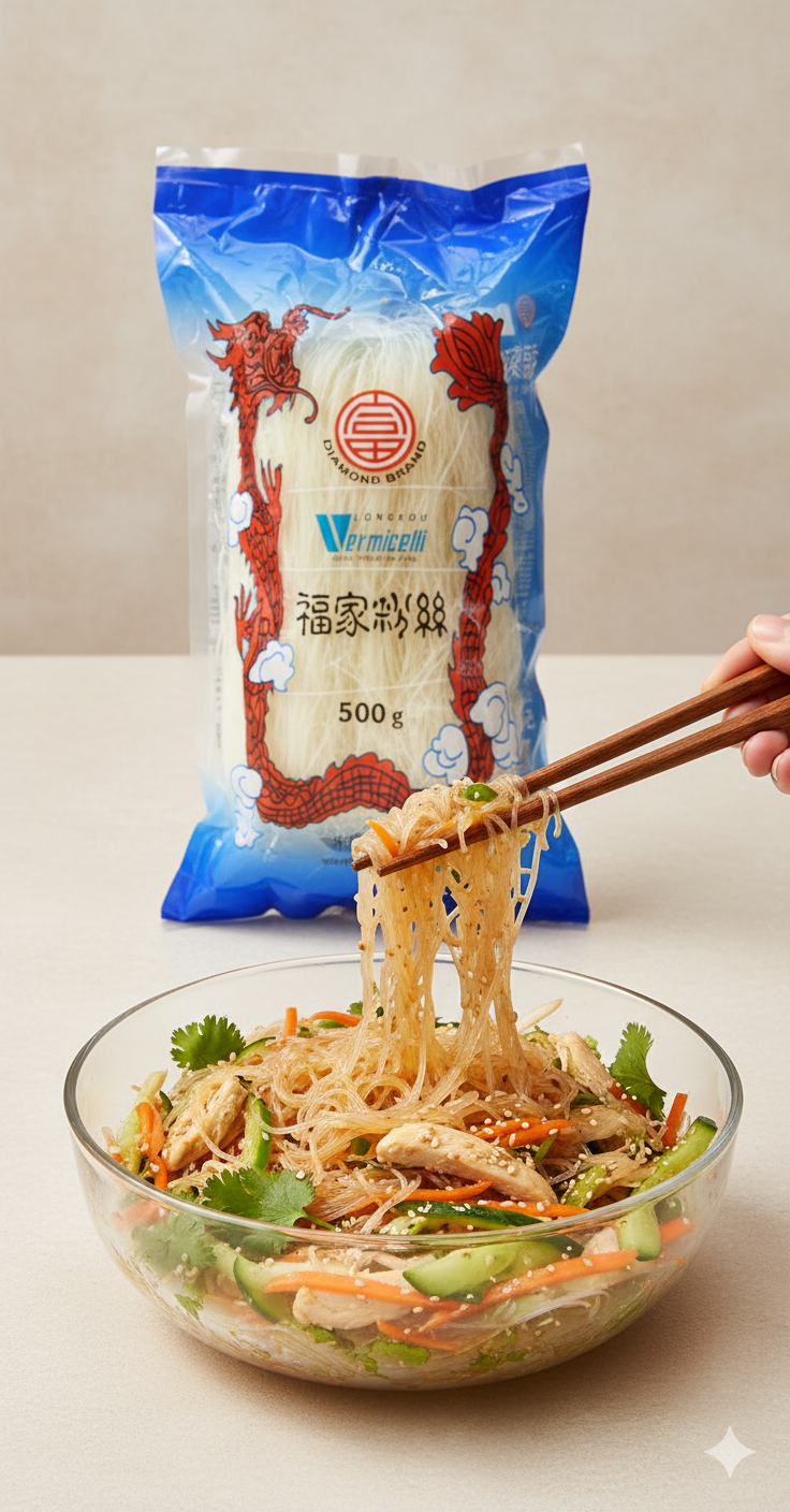 Chinesische Longkou Glasnudeln, 10 Stück à 250g, zum Kochen, im transparenten Pack von Longkou auf einem weißen Hintergrund