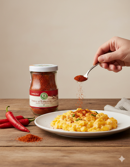 Lebensbaum Piment d'Espelette A.O.P., französischer Chili-Gewürz, in einer transparenten Gewürzdose, Nahaufnahme