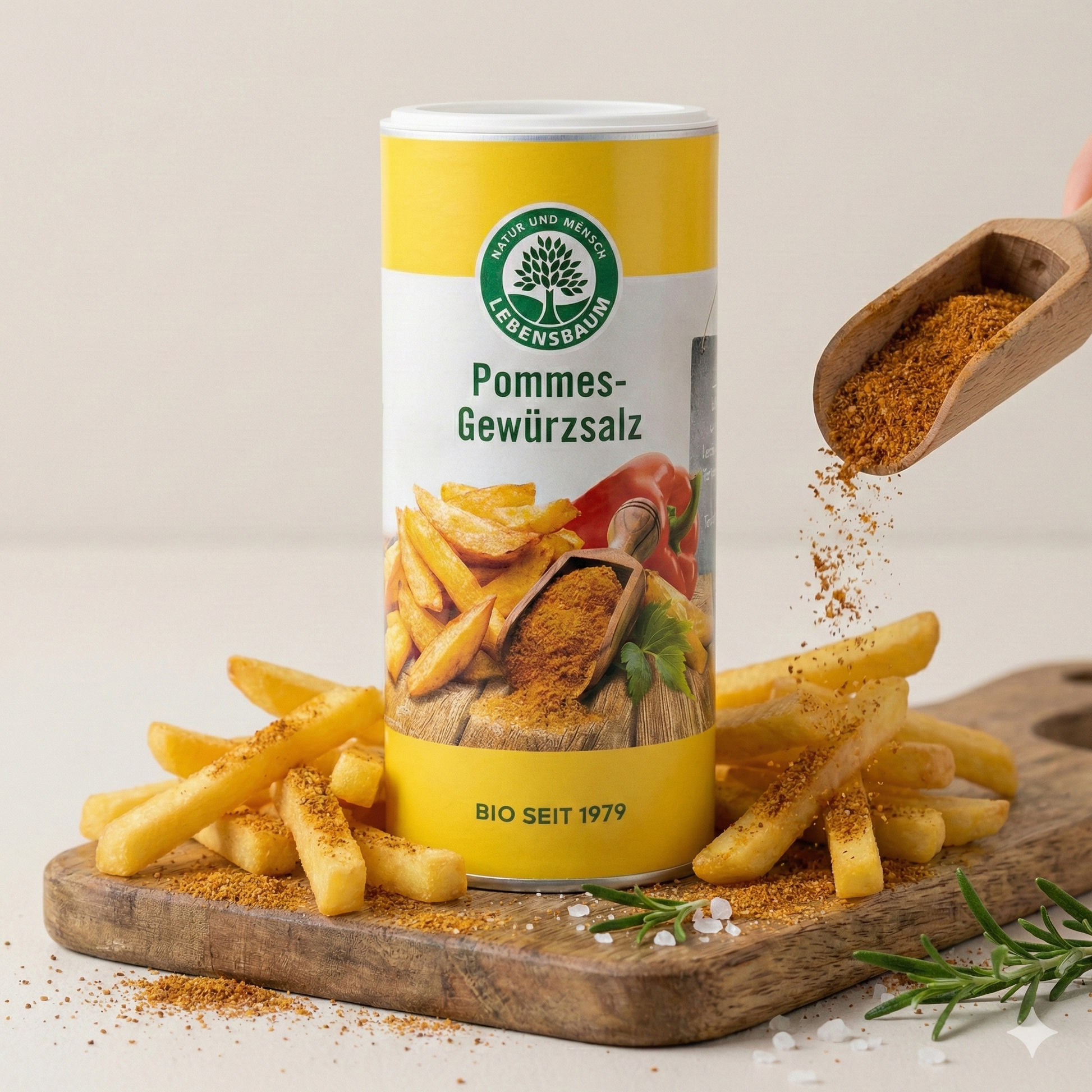 Lebensbaum Bio Pommes-Gewürzsalz in Streudose, ideal für Pommes und Snacks, mit natürlichen Bio-Zutaten.