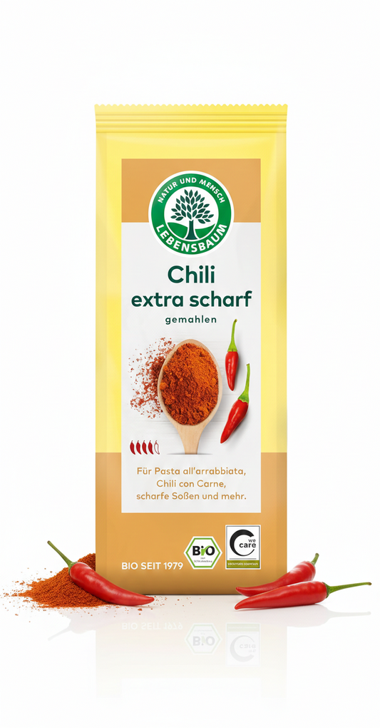 Gemahlenes Bio Chili von Lebensbaum, extra scharf, in 50g Packung, ideal zum Kochen und Würzen in der Küche.