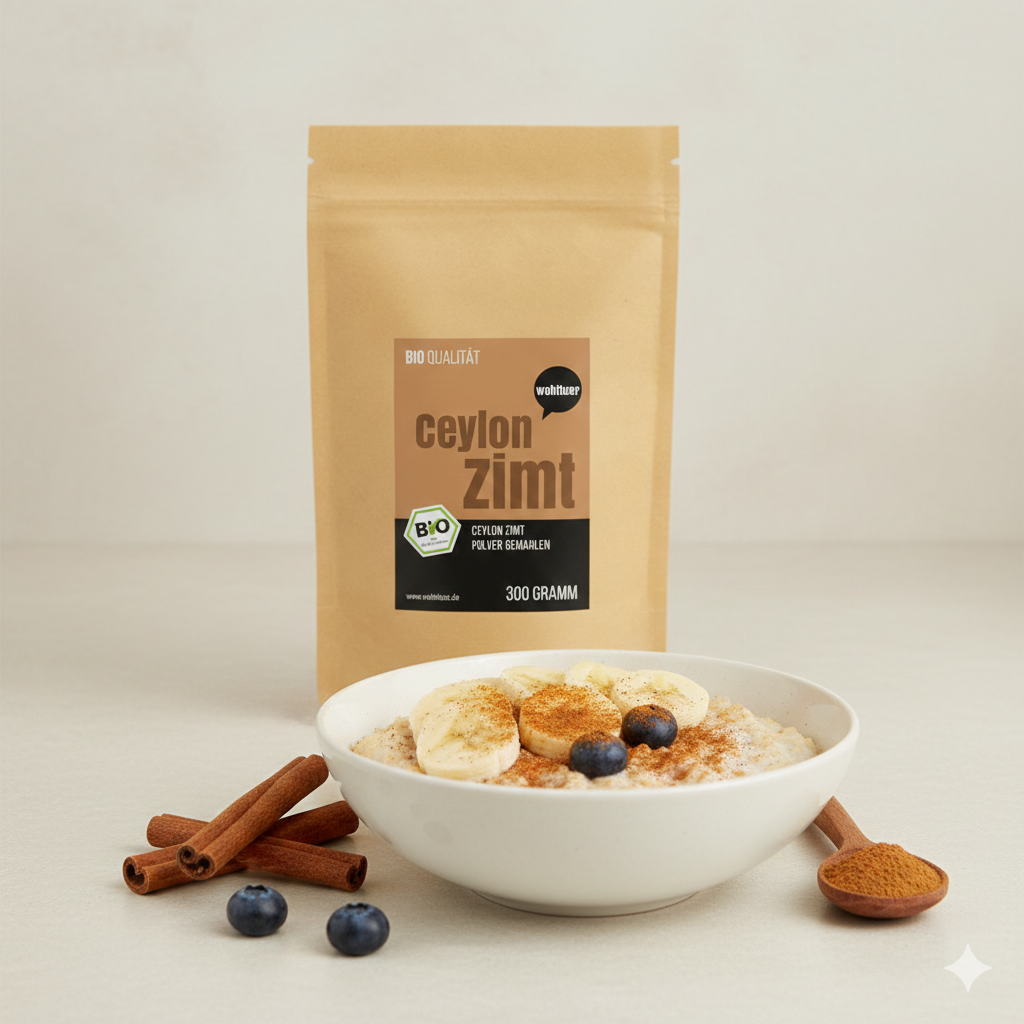 Bio Ceylon Zimt von Wohltuer in einer Packung, feines Gewürz für Backen und Kochen, sichtbar in der Verpackung