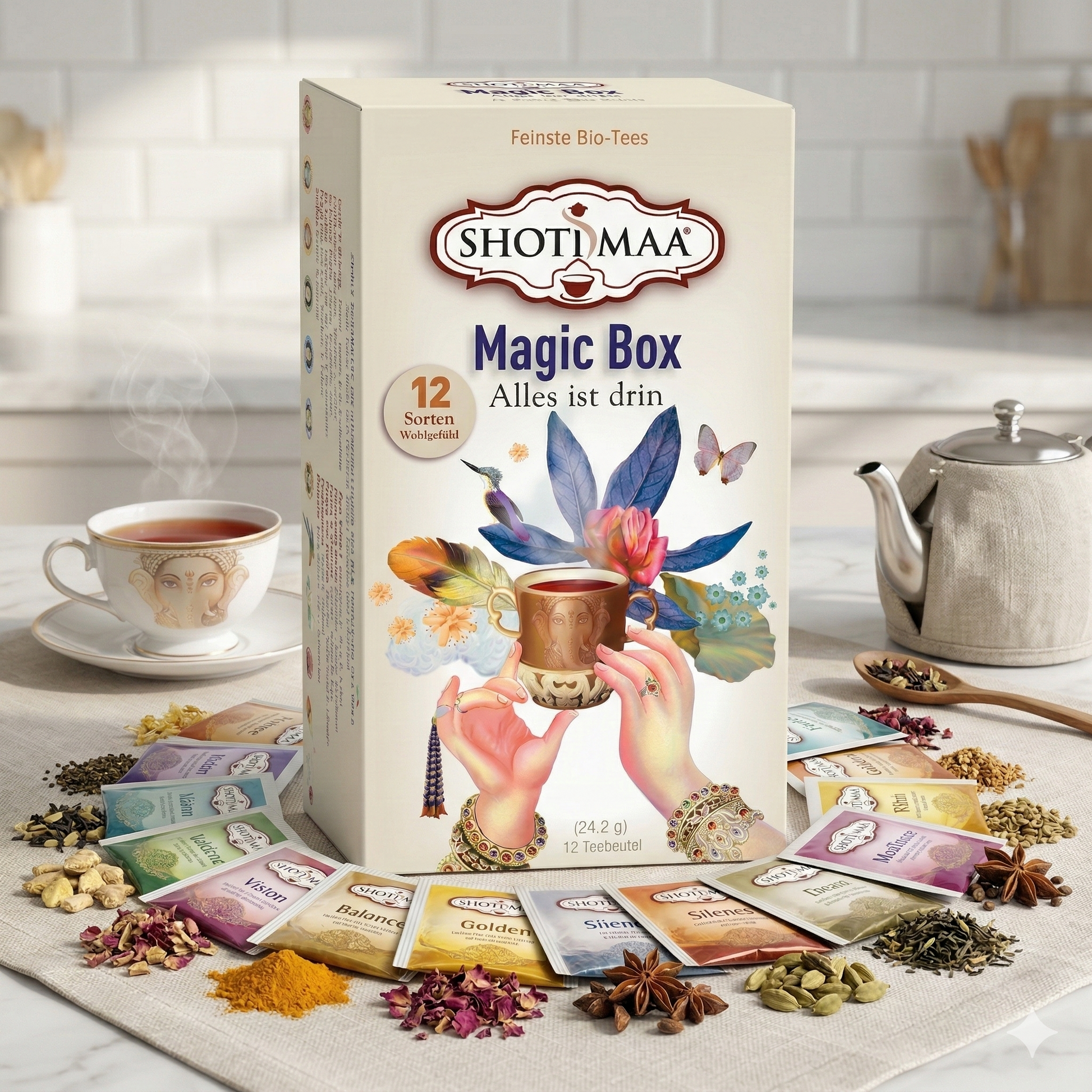 Bio Kräuter- und Teemischung von Shoti Maa Hari Tea in einer magischen Box, abgebildet in einer Gemini-generierten Illustration.