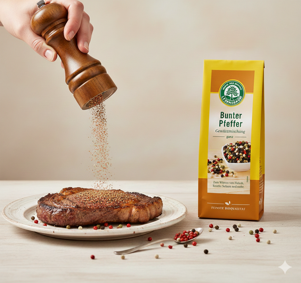Bunter Lebensbaum Bio Pfeffer-Mix, ganz, in einem Gewürzglas, zeigt die bunten Pfefferkörner für Gewürze und Saucen.