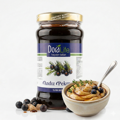 Dora Life Wacholderbeerensirup im Glas, ideal für Frühstück, sichtbar in einem klaren Glas mit Sirupfüllung, 380g.