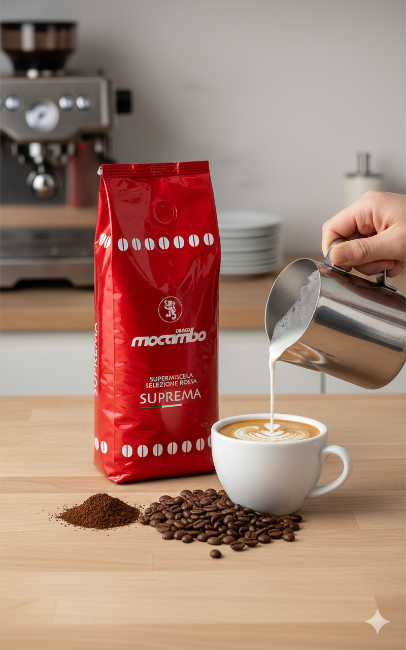 Mocambo Suprema Kaffeebohnen im 1-kg-Pack, ideale Frühstücksbohnen, braune Kaffeebohnen in einer Verpackung.