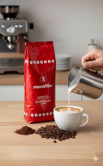 Mocambo Suprema Kaffeebohnen im 1-kg-Pack, ideale Frühstücksbohnen, braune Kaffeebohnen in einer Verpackung.