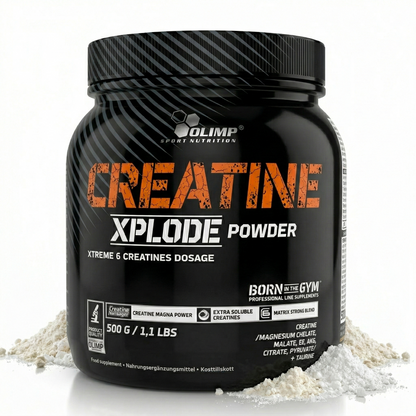 Olimp Creatine Xplode Pulver in 500g Packung, weißes Kreatinpulver für Muskelaufbau und Energie, auf weißem Hintergrund.