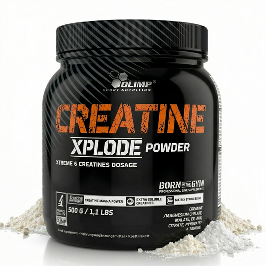 Olimp Creatine Xplode Pulver in 500g Packung, weißes Kreatinpulver für Muskelaufbau und Energie, auf weißem Hintergrund.