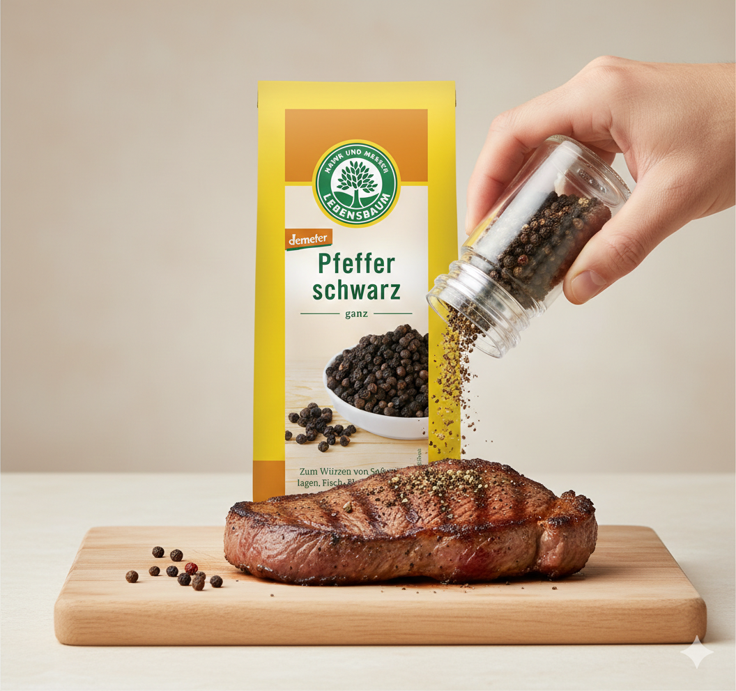 Schwarzer Bio-Pfeffer von Lebensbaum, ganz, in einer transparenten Gewürzdose, ideal für Kochen und Würzen.
