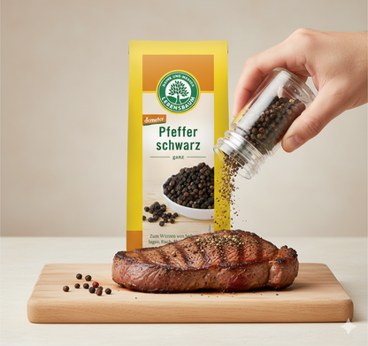Schwarzer Bio-Pfeffer von Lebensbaum, ganz, in einer transparenten Gewürzdose, ideal für Kochen und Würzen.