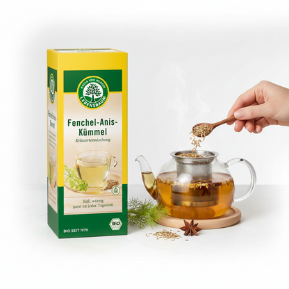 Lebensbaum Bio Tee Fenchel-Anis-Kümmel, Frühstückstee in einer transparenten Packung mit Teeblättern und Kräutern.