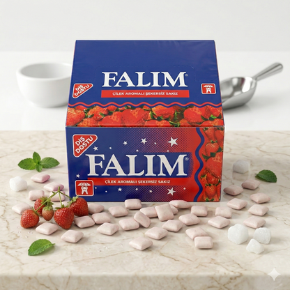 Falim Erdbeeraroma Kaugummi, 100 Stück, Snacks in einer offenen Packung mit fruchtigem Erdbeergeschmack.