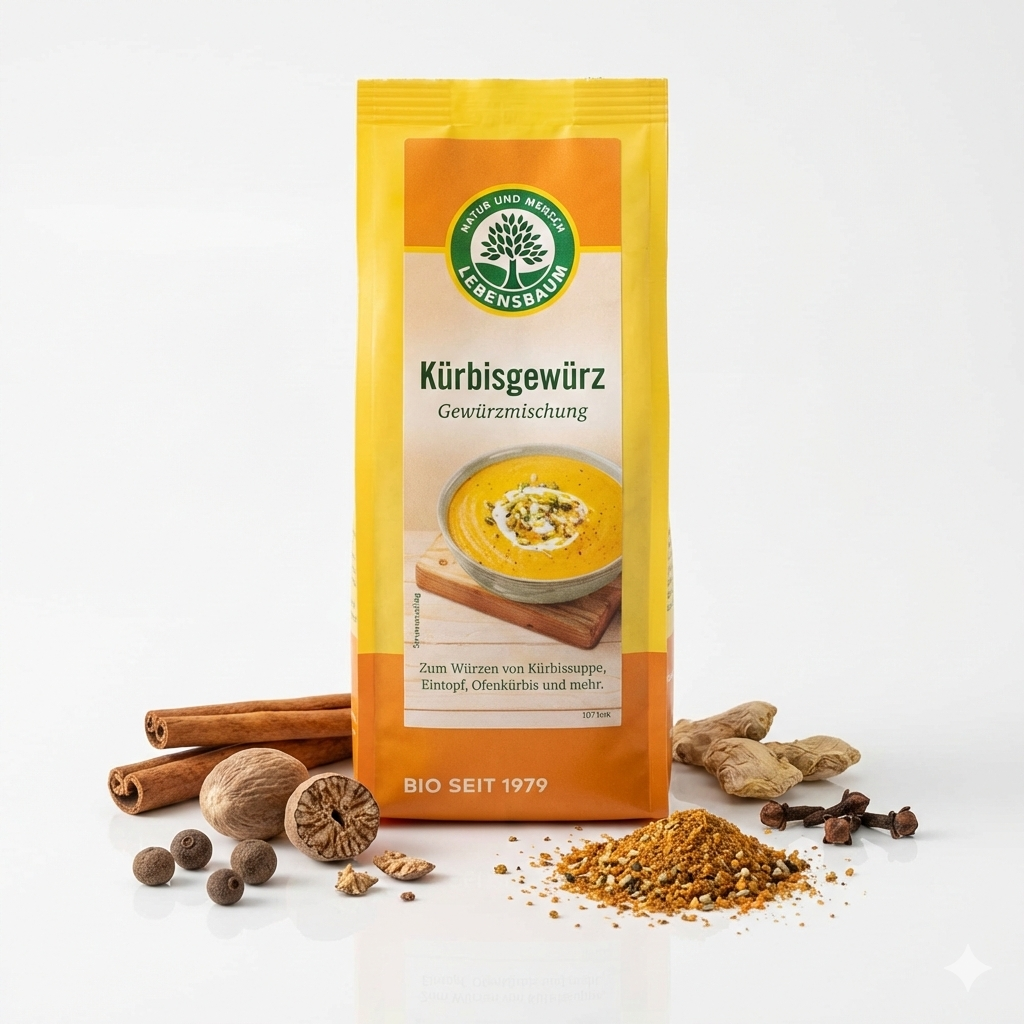 Lebensbaum Kürbisgewürz in einer Gewürzdose, ideal für Kürbisgerichte, mit aromatischer Gewürzmischung, close-up.