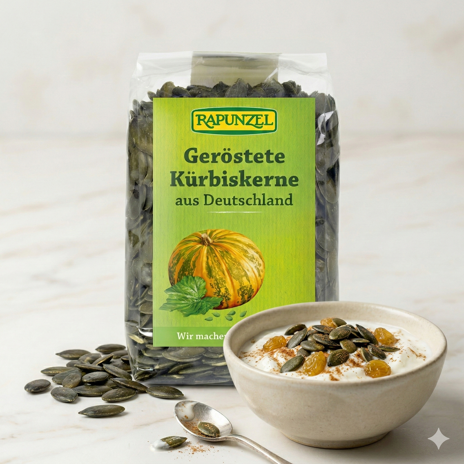 Geröstete Bio-Kürbiskerne von Rapunzel in 200g Verpackung, ideal zum Kochen und Snacken, auf einem weißen Hintergrund.