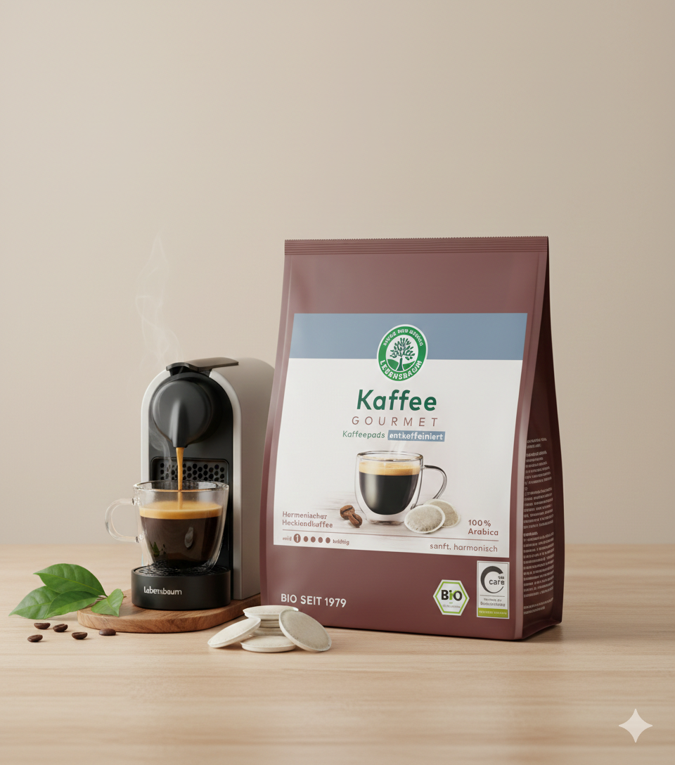 Lebensbaum Bio Gourmet Caffè Crema Pads, entkoffeiniert, Frühstück, Verpackung mit Pads, natürliche Kaffeealternative