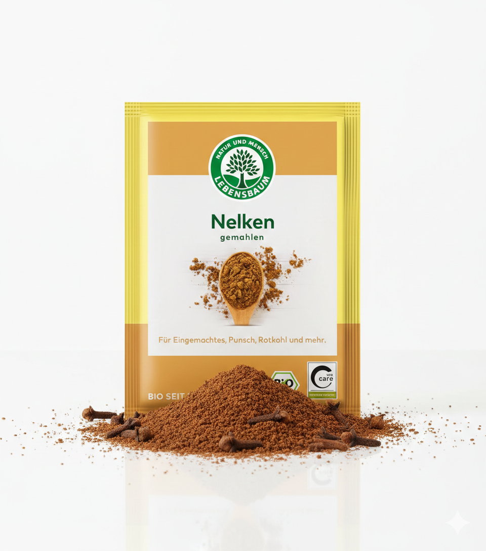 Gemahlene Bio Nelken von Lebensbaum, ideal zum Kochen, in einer 10g Packung, zeigt die Gewürznelken in einer Schale