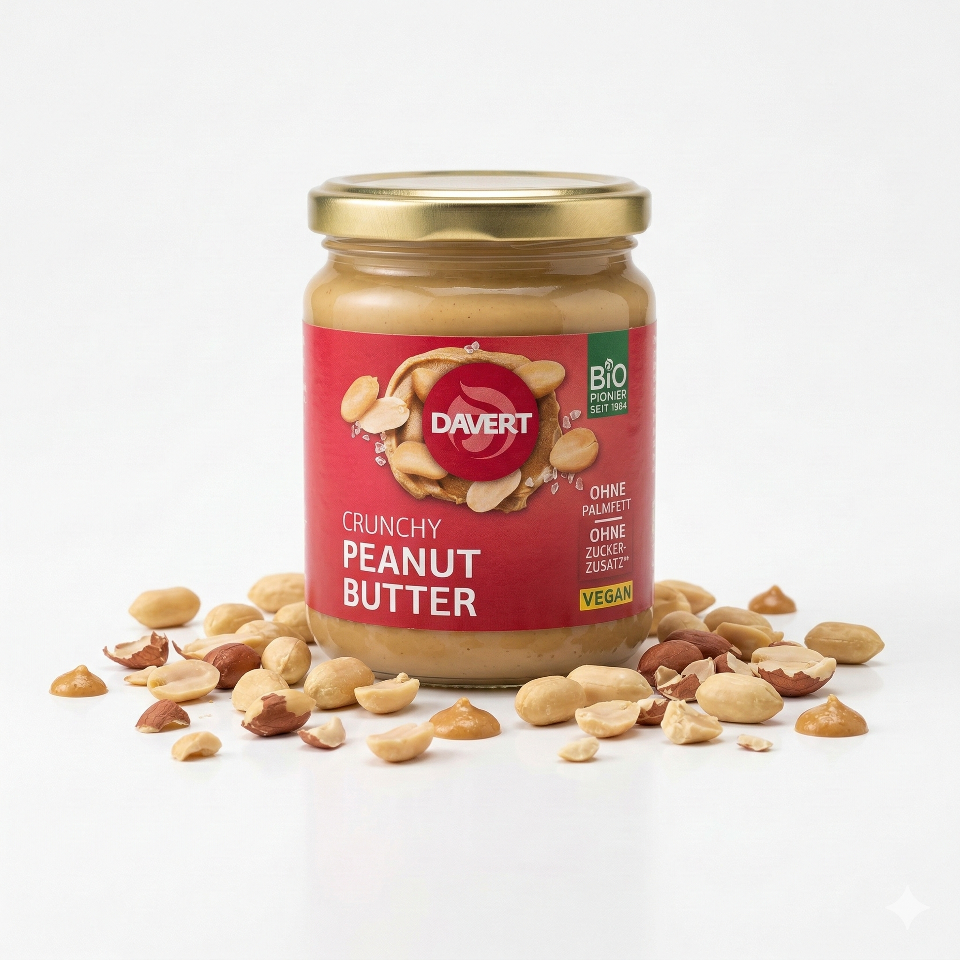 Bio Crunchy Peanutbutter von Davert in 250g, cremige Erdnussbutter mit knackigem Biss, ideal für Frühstück und Snacks.